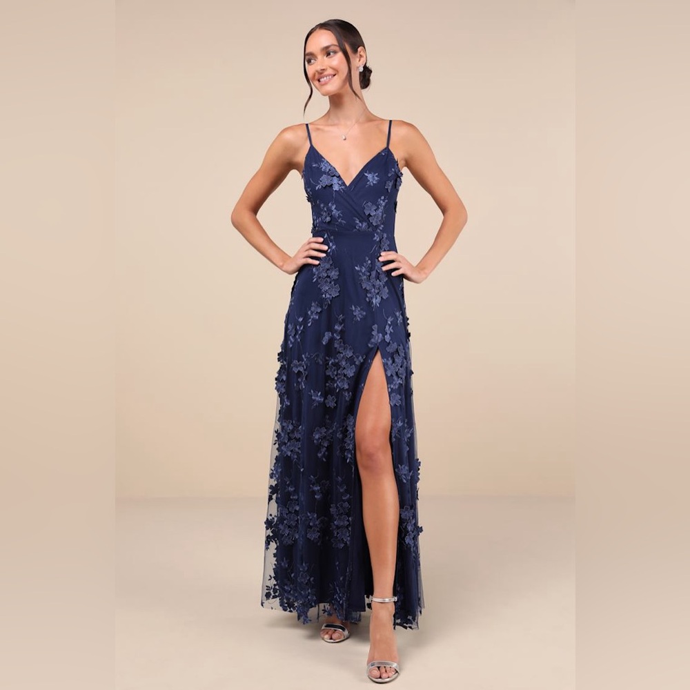 Rare Presence Navy Blue 3D Floral Surplice Maxi Dress